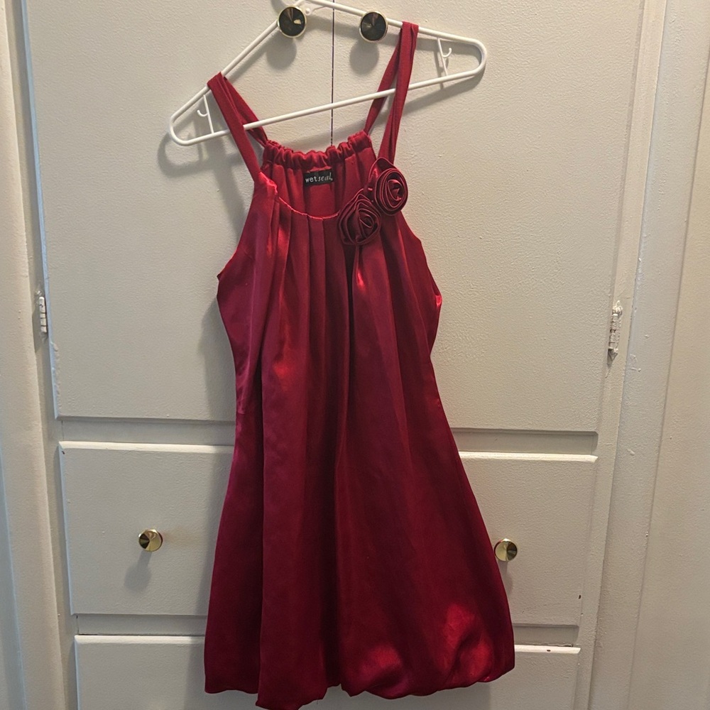 Red Sleeveless Dress with Floral Detail